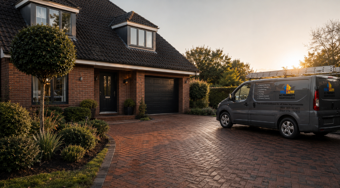 AC and Sons Property Maintenance van parked in front of a modern brick home with a clean block-paved driveway at sunset