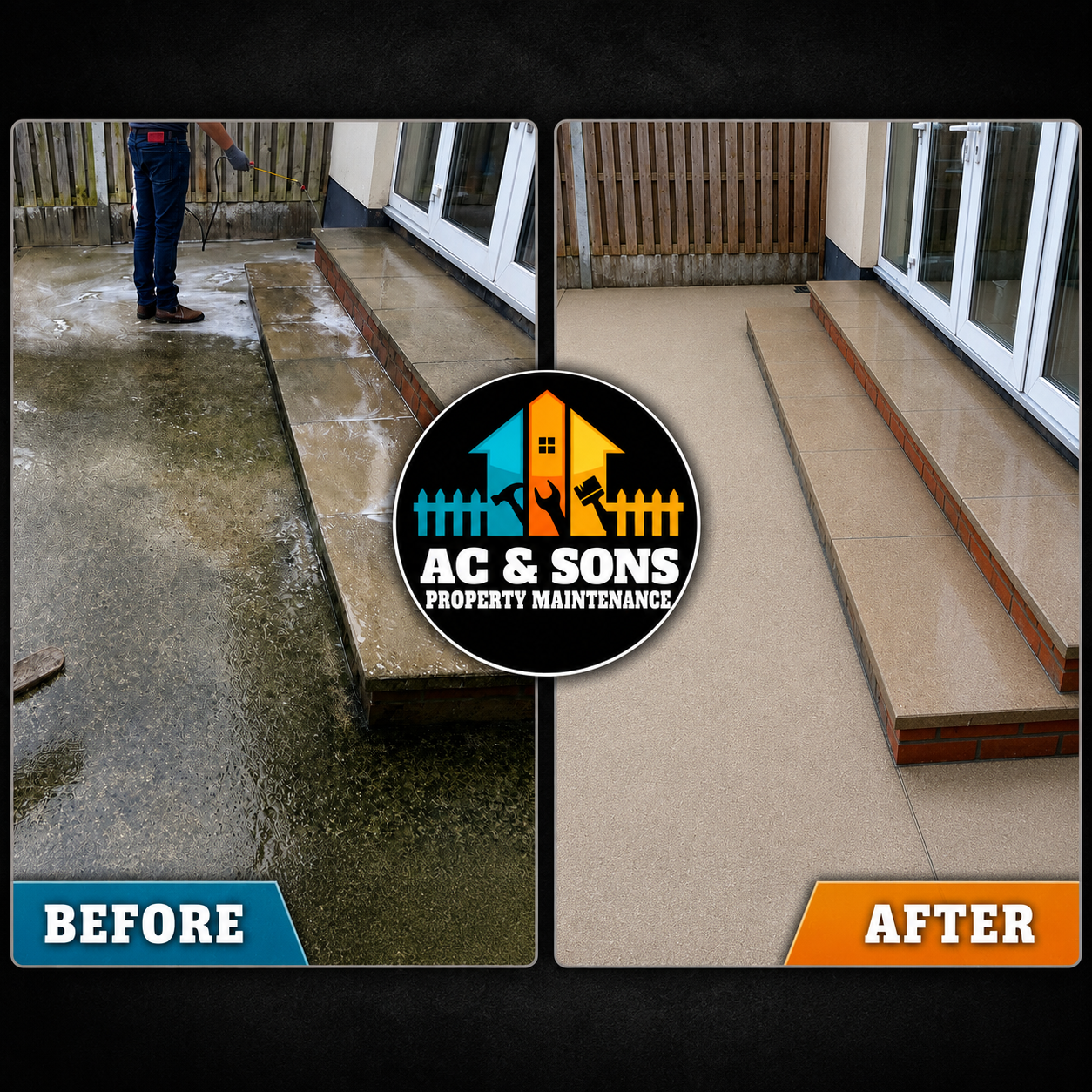 Patio and steps pressure washed before and after